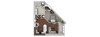 A top-down view of a small apartment with a kitchen, living room, and bathroom.