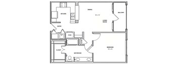 A floor plan of a home with a kitchen, living room, dining area, bathroom, bedroom, laundry, and closet.