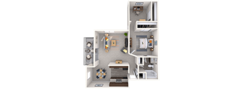 A 3D floor plan of a small apartment with a kitchen, living room, and bathroom.