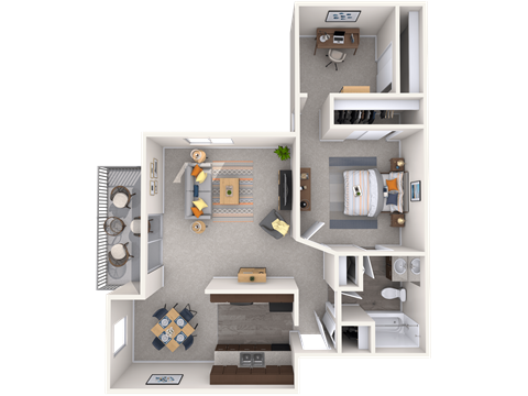 A 3D floor plan of a small apartment with a kitchen, living room, and bathroom.