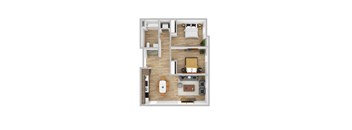 a 3d drawing of the 1 bedroom floor plan of a modern apartment