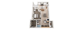 A top down view of a small apartment with a kitchen, living room, and bathroom.