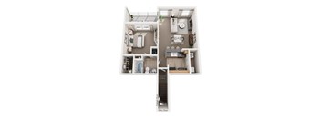 A floor plan of a small apartment with a kitchen, living room, and bathroom.