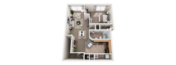 A top-down view of a small apartment with a living room, kitchen, and bathroom.