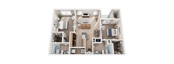 A detailed 3D floor plan of a small apartment layout.