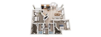 A floor plan of a house with a garage door.
