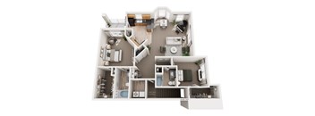 A floor plan of a house with a living room, kitchen, and bathrooms.