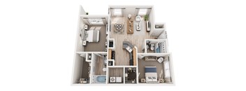 A top-down view of a small apartment layout with labeled rooms.