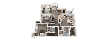 A detailed 3D floor plan of a house layout.