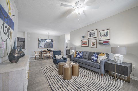 A living room with a grey couch and a striped rug.