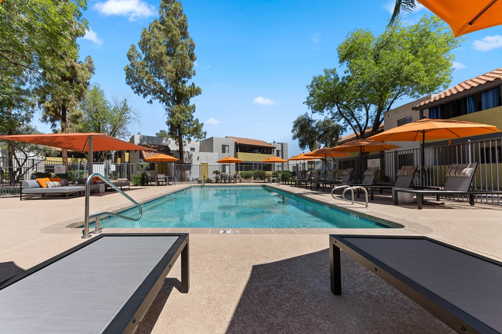 Dog-Friendly Apartments in South Tempe, AZ - Villatree - Pool with Sun Lounge Chairs, Umbrella Tables, and Trees