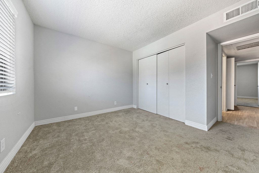 a bedroom with a carpeted floor and a closet with two doors