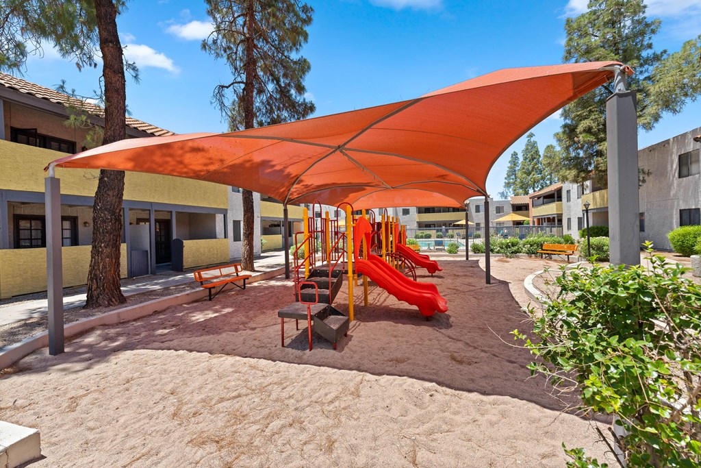 Pet-Friendly Apartments in South Tempe, AZ - Villatree - Playground with Covered Tent, Sand, and Swing Set