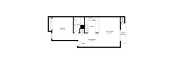 A floor plan of a home with a bedroom, kitchen, dining room, and living room.