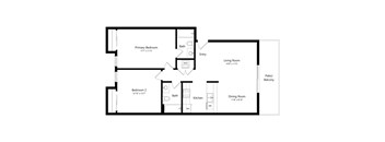 A floor plan of a home with a living room, dining room, kitchen, two bedrooms, and a bathroom.