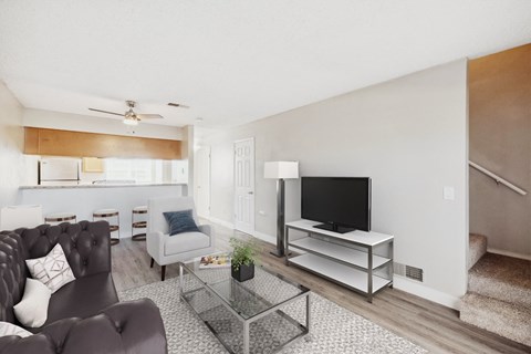 A living room with a grey couch and a black television.
