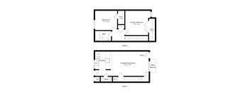 A floor plan of a two-story home with two bedrooms and a living/dining room.
