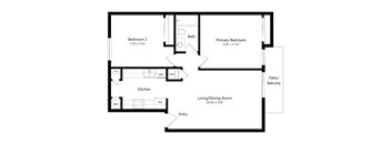 A black and white image of a floor plan for a home with a living room, kitchen, two bedrooms, a bathroom, and a patio.