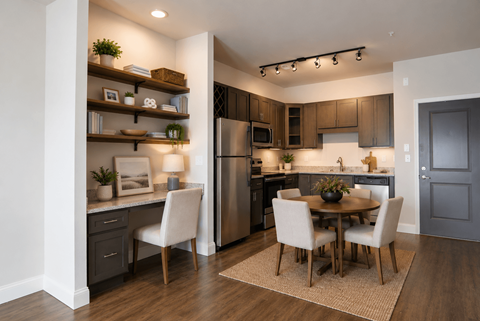 A modern kitchen with a dining table and chairs.