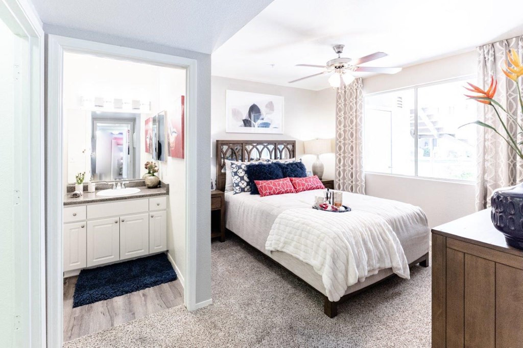 bedroom and bathroom at Vista Grove Apartments, Mesa, AZ, 85204
