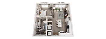 A floor plan of a small apartment with a kitchen, living room, and bathroom.
