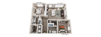 A 3D floor plan of a small apartment with a bedroom, bathroom, and kitchen.