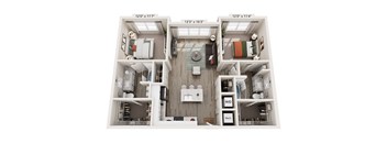 A top-down view of a small apartment with a kitchen, living room, and bathroom.