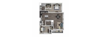 A floor plan of a house with a kitchen, living room, dining room, and bathrooms.