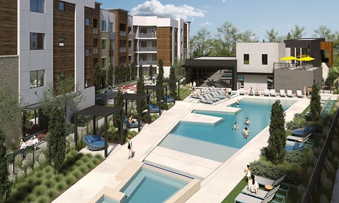 an aerial view of the resort style pool with lounge chairs and umbrellas
