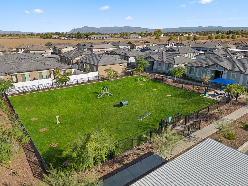 an aerial view of a green bark park.
