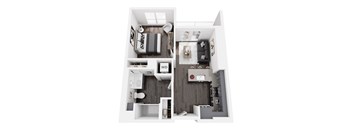 A top down view of a small apartment with a bedroom, living room, and kitchen.