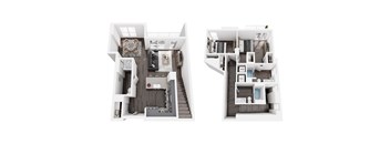 A floor plan of a two-story apartment with a living room, kitchen, and bedrooms.