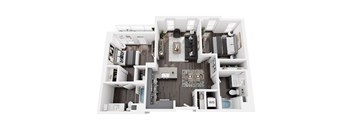 A top-down view of a modern apartment layout.