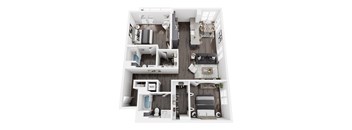 A top down view of a small apartment with a living room, kitchen, and bathroom.