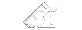 A floor plan of a house with a kitchen, bath, bed, and walk-in closet.