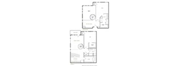 A floor plan of a two-story house with a balcony and a great room.