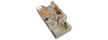 A 3D floor plan of a house with a kitchen, living room, and two bedrooms.