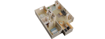 A 3D model of a house with multiple rooms and furniture.