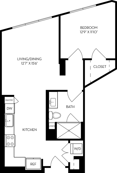 a floor plan of a bedroom apartment with a bathroom and a living room