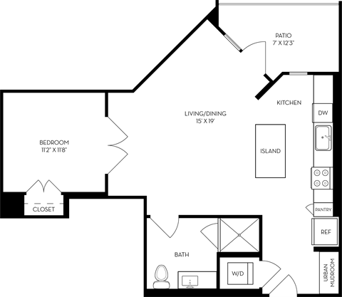 the floor plan of a small apartment with a bedroom and a living room