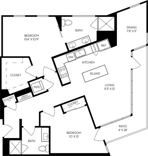 a floor plan of a house with bedrooms and a large kitchen