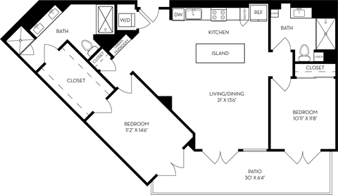 a floor plan of a house with two bedrooms and a living room and a kitchen