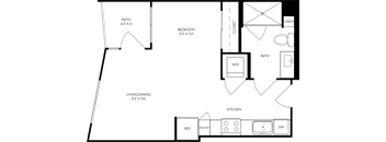a floor plan of a studio apartment with a bedroom and a living room