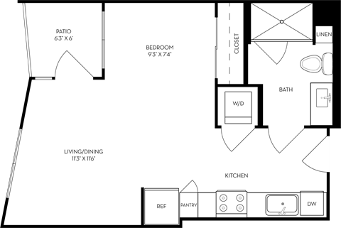 a floor plan of a studio apartment with a bedroom and a living room