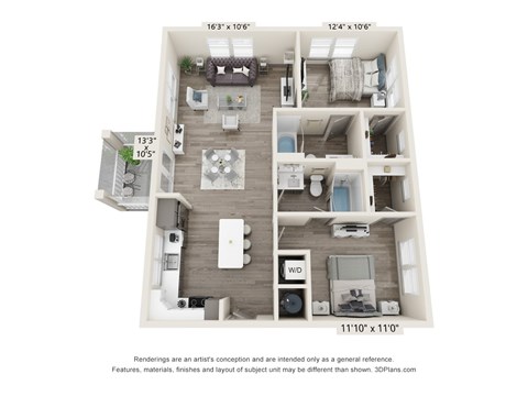 A 3D floor plan of a small apartment with a kitchen, living room, and two bedrooms.