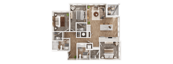 A detailed 3D floor plan of a house showing all rooms and furniture layout.