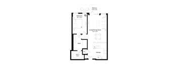 A floor plan of a small apartment with a bedroom, living room, kitchen, and bath.