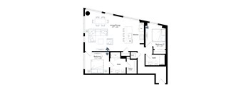 A black and white image of a house floor plan with a living/dining area, kitchen, two bedrooms, two bathrooms, and a walk-in closet.