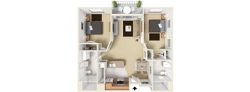 A diagram of a small apartment with a kitchen, living room, and bathroom.