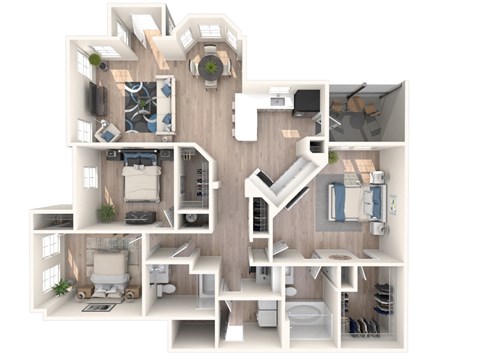 A 3D floor plan of a house showing all the rooms and their layout.
